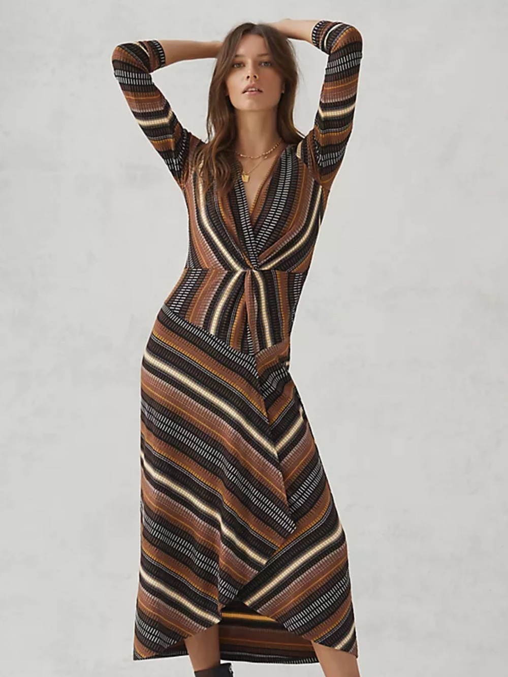 MAEVE Stripped Wrapped MIDI Dress (Anthropologie) 🤎🤍🤎